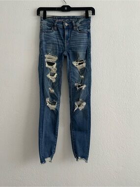 American Eagle Outfitters Women's Blue Distressed Skinny Jeans Sz 000